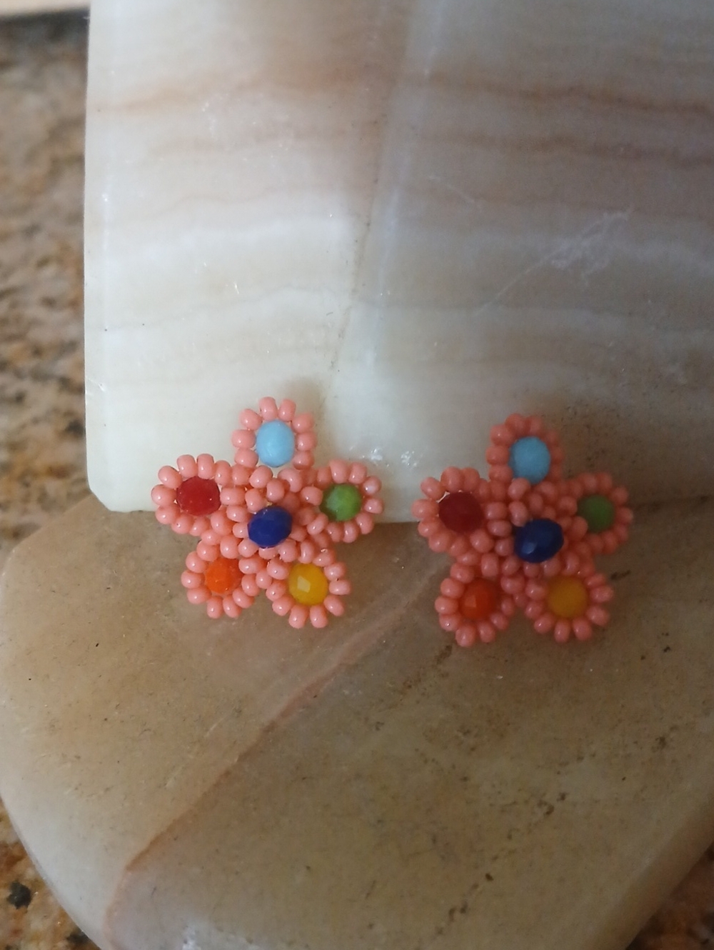 Beaded Flower Stud Earrings - Coral with Multicolor Centers